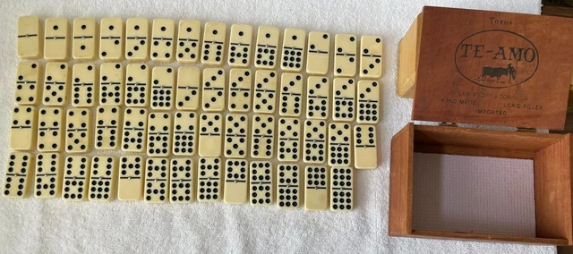 Bakelite Dominos Full Set Of 55 1"X 2" W/Spinners White W/ Unrelated Wood Case