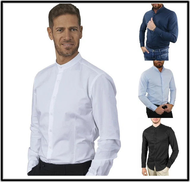 camicia da uomo collo alla coreana coreano slim fit s nera elegante di cotone 38