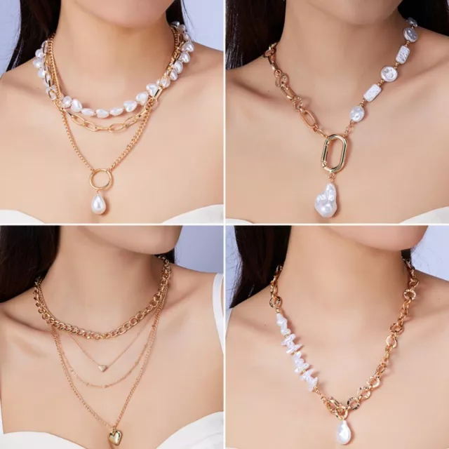 Fashion Multilayer Pearl Heart Pendant Necklace Choker Chain Women Jewelry Gift