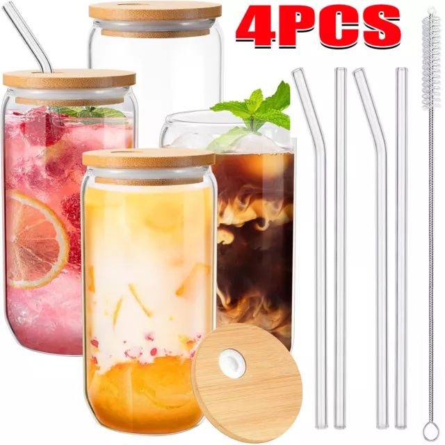 4 Pack Glass Cups with Bamboo Lids and Straws , 23.6 oz Glass Tumbler with  Straw and Lid, Reusable Boba Cup Smoothie Cup Iced Coffee Cup Wide Mouth  Mason Jar Cups Drinking