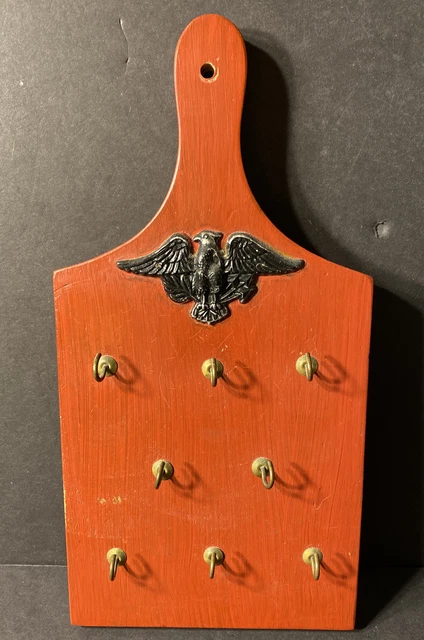 Vintage 70s Handmade Wood Brick Red Key Holder 8 Hook Wall Mount; American Eagle