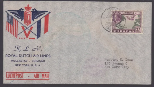 Netherlands Antilles Sc C23 used on 1943 Royal Dutch Air Lines Cover to US