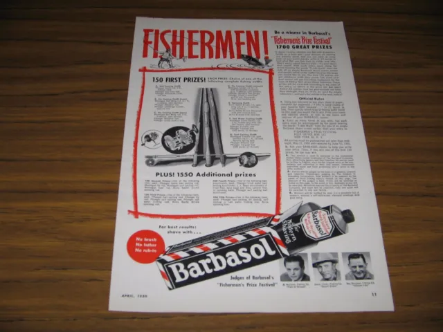 1950 Print Ad Barbasol Shave Cream Fishing Contest Rods,Reels