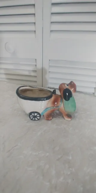 Vintage Dog Pulling A Cart Ceramic Planter/Figurine Made In Japan