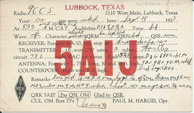 Vintage Ham Radio Qsl Cards 1923  5Aij   Lubbock, Tx.