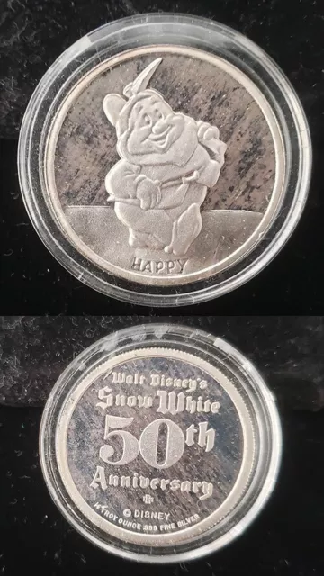 Disney's Snow White 50th Anniversary Coin Happy 1/2 Oz .999 Silver Round si862