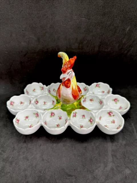 Antique Victoria Austria Karlsbad Porcelain Egg Holder Server with Rooster RARE