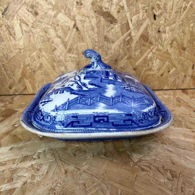 Antique Blue & White Willow Pattern Square Muffin Warmer Tureen Vegetable Dish