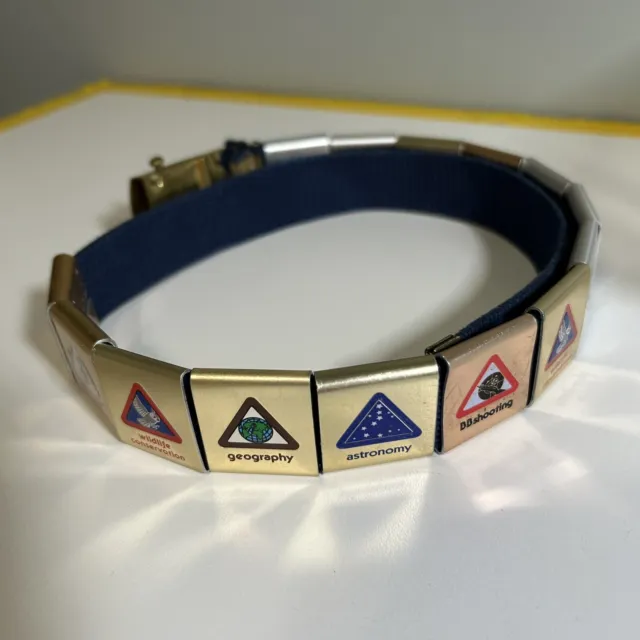 Vintage BSA Cub Scouts Boy Scouts 29” Belt with 14 Achievement Clips Brass Bucke