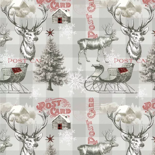 Christmas Reindeer Postcard Stamp Sewing Quilting Fabric Allover Postcard FQ New