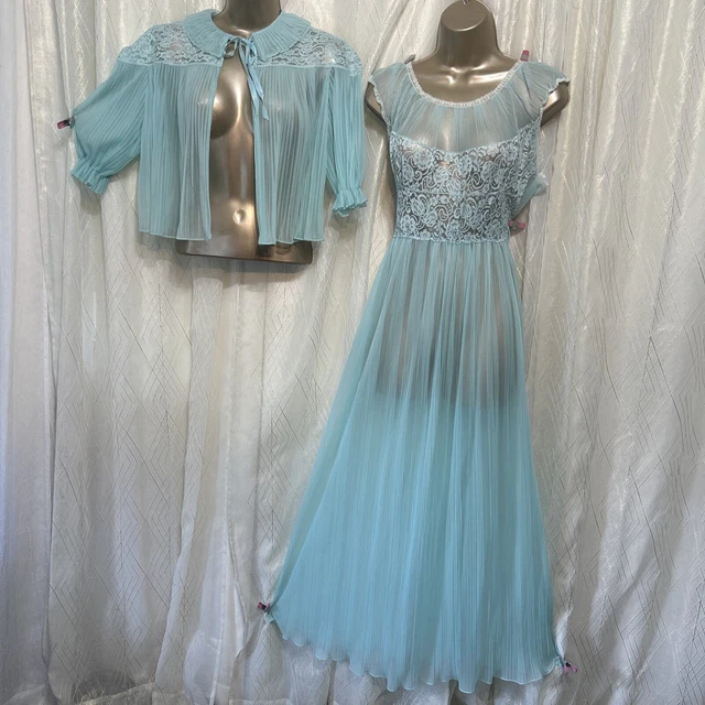 RARE VTG 34 M Peignoir Nightgown Mint Chiffon Nylon Lace Accordion Pleated SHEER