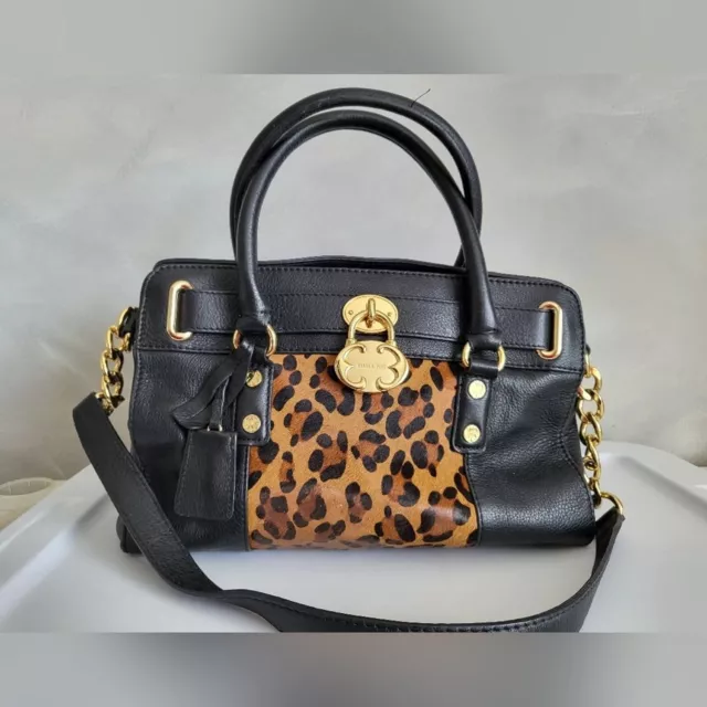 Emma Fox Black Leather Animal Leopard Print Tote Shoulder Bag 14 x 11