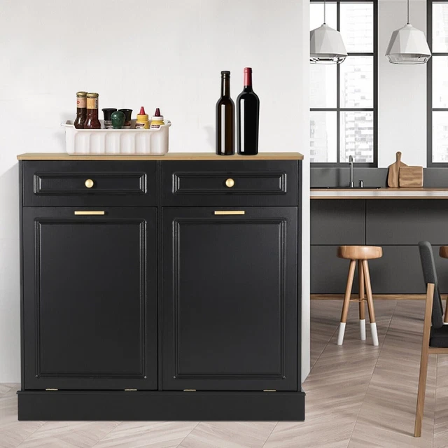 Kitchen Trash Cabinet Wooden Tilts Out Hands Free Double Trash bin Holder Black Kitchen Trash Cabinet Wooden Tilts Out Hands Free Double Trash bin Holder Black