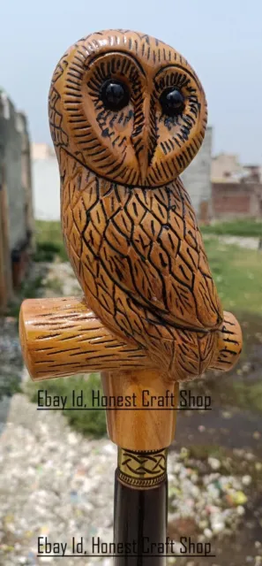 Hand Carved Owl Head Handle Wooden Walking Cane Handmade Walking Stick Owl A1