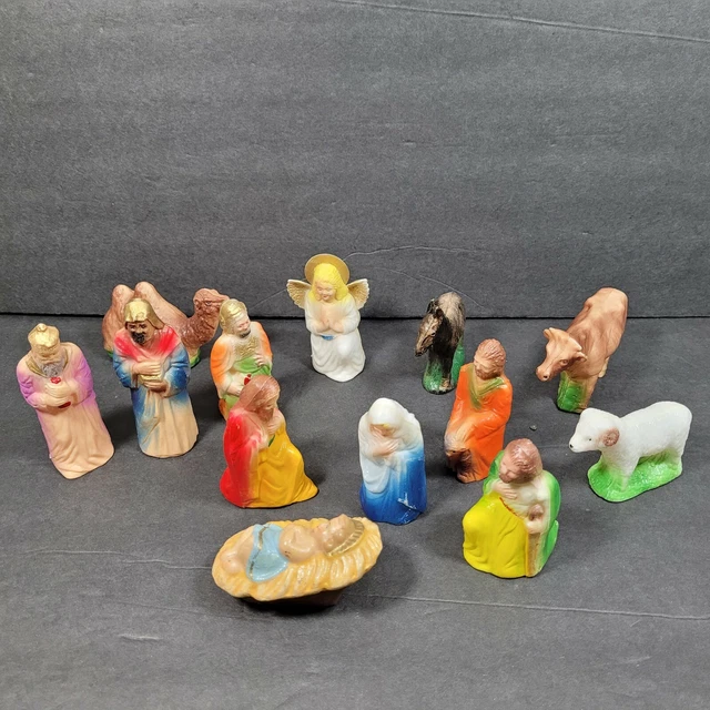 VINTAGE NATIVITY SCENE Mary Joseph Baby Jesus Plastic Hollow Wisemen ...