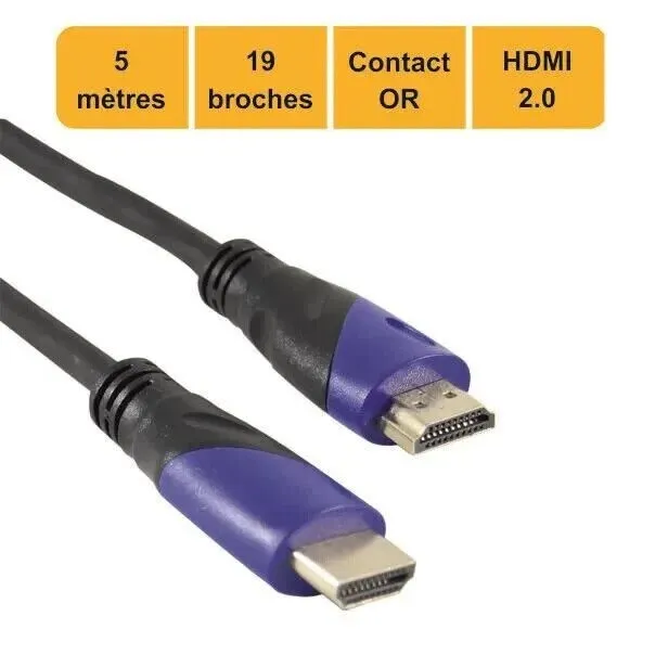 Câble HDMI 2.0 High Speed - 5m - Full HDTV 4K - Arcotec