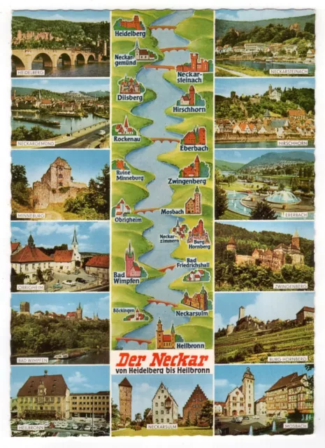 AK Der Neckar, das "Neckartal" (Heidelberg bis Heilbronn) mit einer "Landkarte"