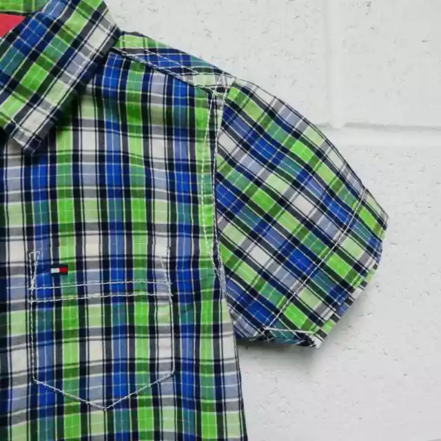 TOMMY HILFIGER BOYS 4T blue green plaid button up short sleeve top ...