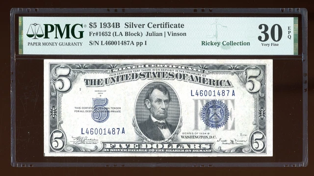 DBR 1934-B $5 Silver Fr. 1652 Vinson LA Block PMG 30 EPQ Serial L46001487A
