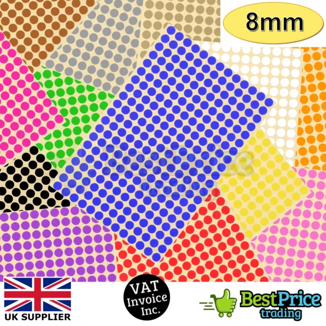 520 x 8mm Coloured DOT STICKERS Round Sticky Adhesive Spot Circles Paper Labels