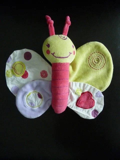 8- Doudou Hochet Premaman Orchestra Papillon Vert Rose Mauve Blanc Grelot Neuf *