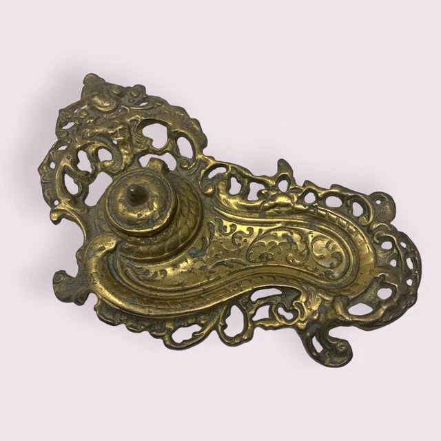 Vintage Art Nouveau Ornate Brass Single Inkwell Pen Tray Hollywood Regency Decor