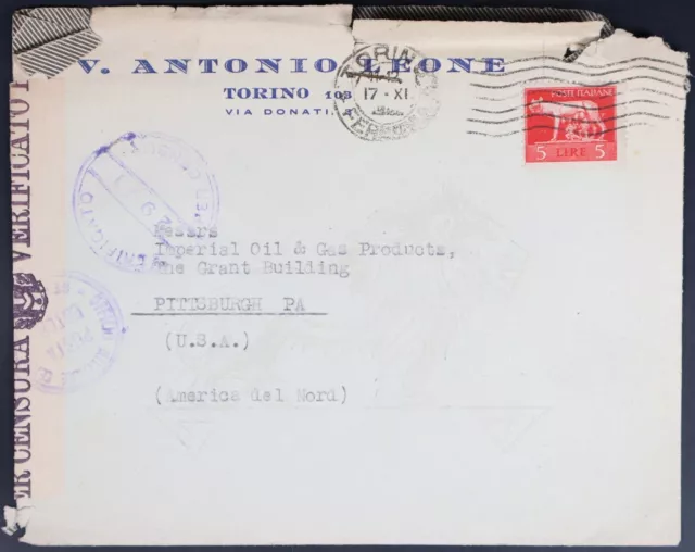 MayfairStamps Italy Torino Censored to Pittsburgh PA Cover aaj_56297