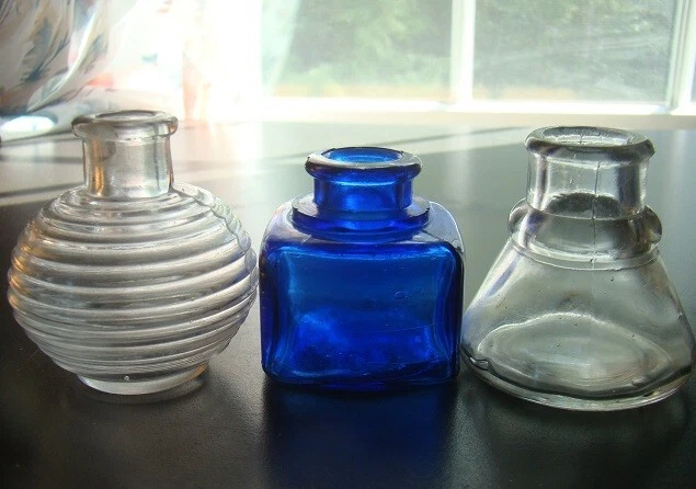 Antique Lot Of Three Various Shaped Ink Bottles- Beehive, Square, Cone