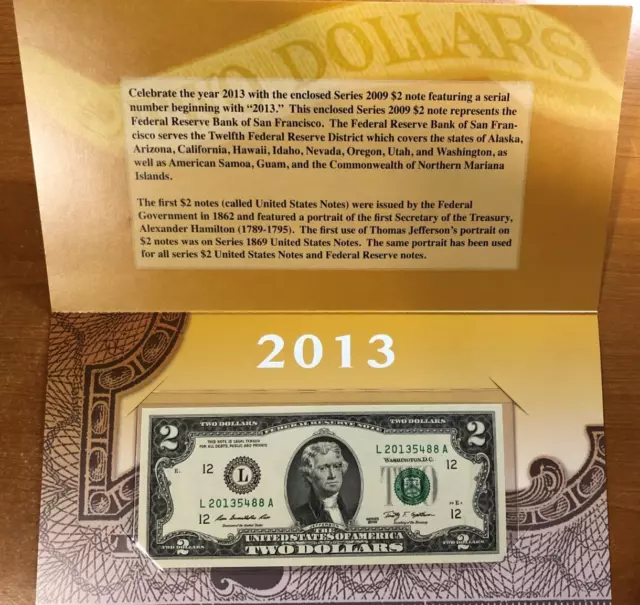 2013 $2 Single Note Collection $2 Federal Reserve Bank Note San Francisco