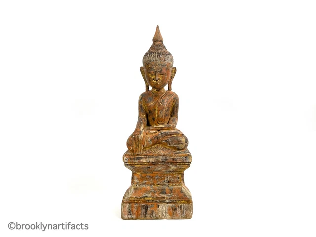 Antique 19th C Burmese Carved Wood Gilt & Lacquer Seated Buddha Statue Figure