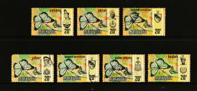 Set of 7 used stamps from 7 States of Malaysia "Butterflies of Malaysia" 1971