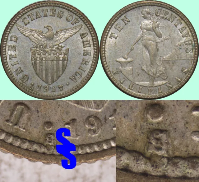 1917-S/S US-Philippines 10 Centavos ~ Unlisted RPM Variety ~ AU Details ~ M285