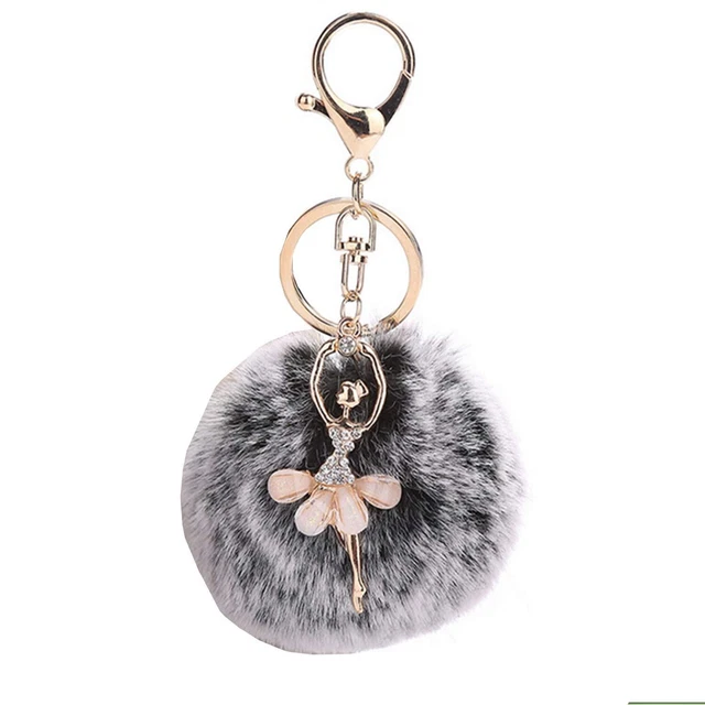 Faux Fox Fur Pom Pom Ball Keychain with Ballet Dancer Purse Bag Charm Fluffy ...