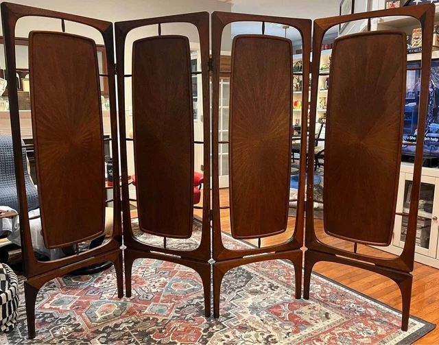 Mid Century Modern Teak Room Divider Screen 4 Panel Sunburst 8’