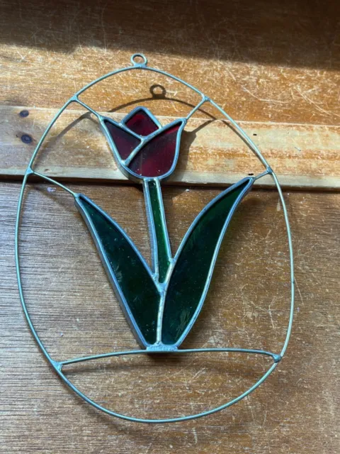 Handmade Red Stained Glass Tulip Flower in Egg Shaped Wire Frame Window Hanging