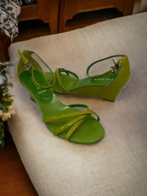 Prada Heels Women's Green Patent Leather Wedge Sandal Size 7 Us