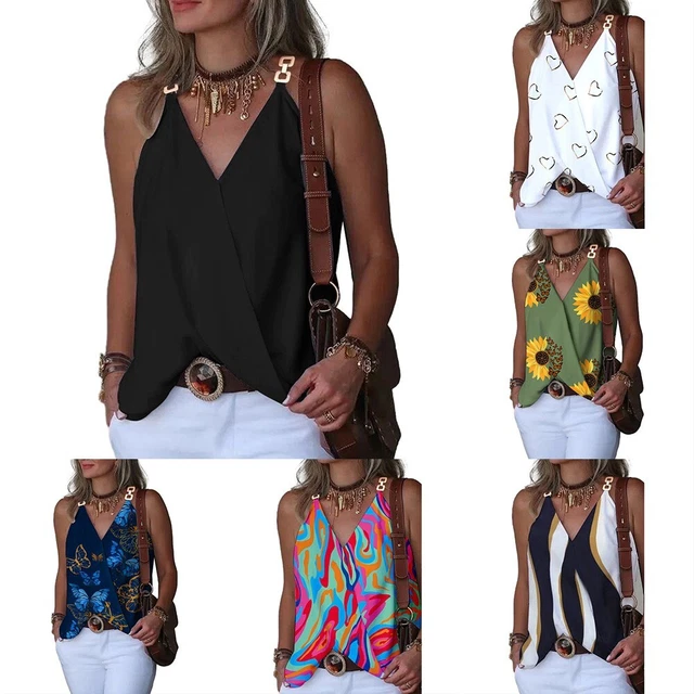 T-shirt gilet senza maniche da donna collo a V sciolto camicia vacanza