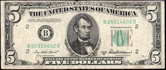 1950 B $5 Federal Reserve Note B New York Green Seal FR 1963 B
