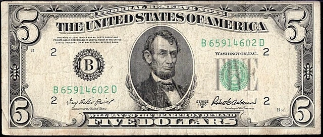 1950 B $5 Federal Reserve Note B New York Green Seal FR 1963 B