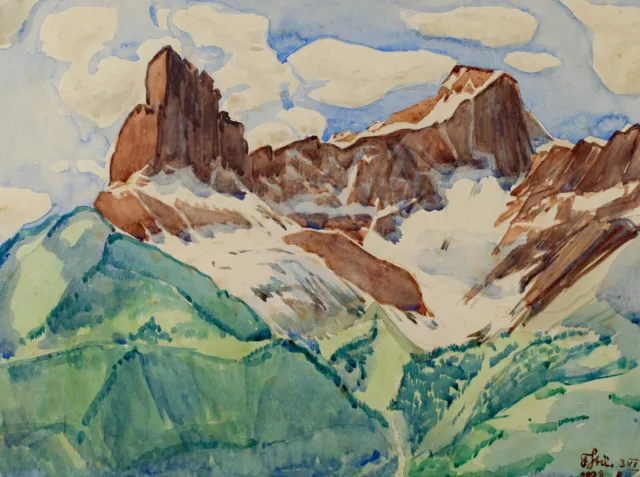 F. Stü Acuarela Stürn Antiguo De 1928 Alpes Suiza Paisaje Olpen Oftringen