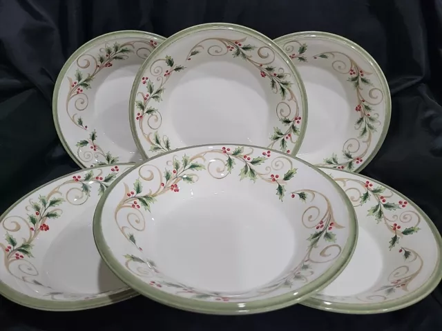 New Lenox "Holly Filigree" Set Of 6 Christmas Holiday Pasta/Soup Bowls New Mint