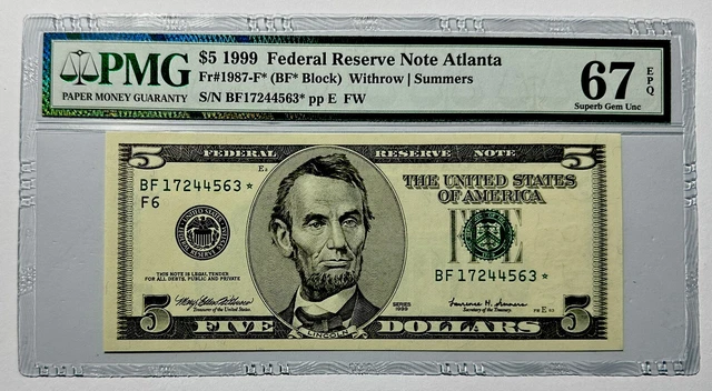 UNITED STATES 1999 $5 FRN ATLANTA. FR#: 1987-F*. (STAR NOTE). PMG Graded: 67 EPQ