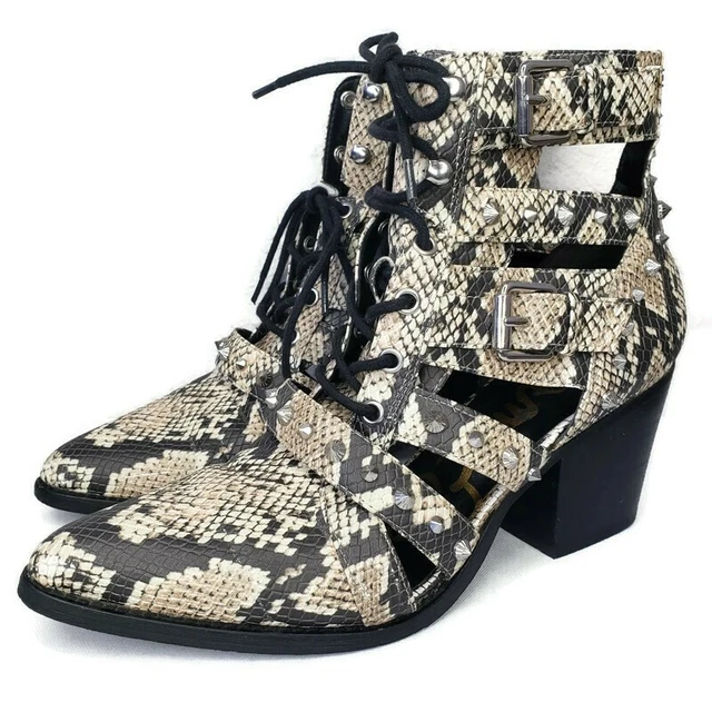 Sam Edelman Elana Boots Studded Snake Print Cagged Lace Up Heel Booties Womens 9