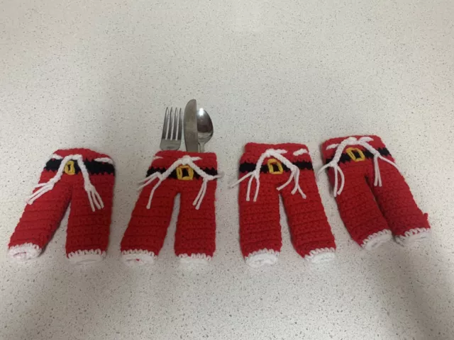 Christmas Santa Pants Cutlery Silverware Holders. New Set of Four Handmade 2