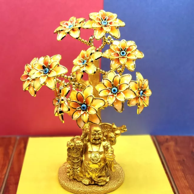 Blue Evil Eye Money Tree with Painted Golden Buddha Statue home Fengshui decor.