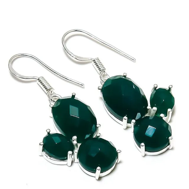 Green Jade Gemstone handmade 925 Sterling Silver Jewelry Earring 1.77 " v332