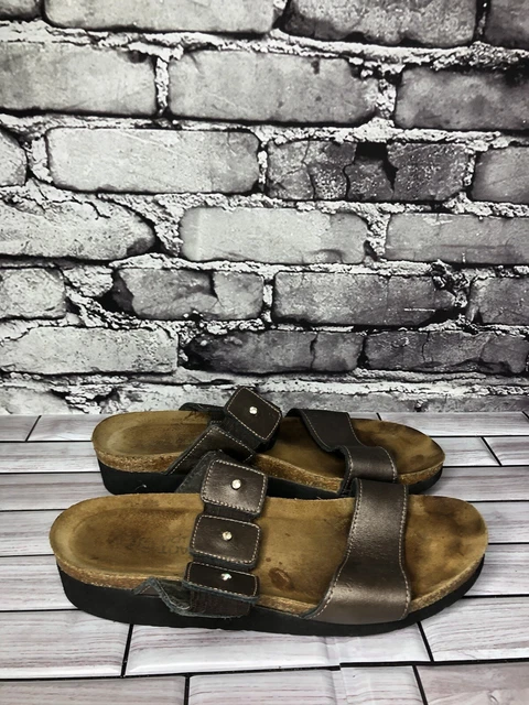 Naot Pewter Bronze Leather Cork Studed Strap Slides Sandals Women Sz 40 EU/9M US