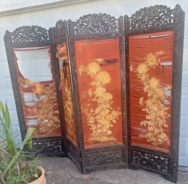 Carved Antique Wooden Chinese Four Panel Folding Screen Room Divider 102” W 74”H