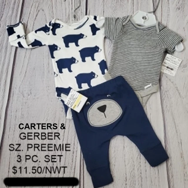 Nwot Preemie Boys 3 Pc. Bear Pant Set (Carters & Gerber)