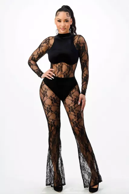 Sexy Black Lace Mesh Flared Leg Bodysuit Jumpsuit Catsuit Bodystocking M